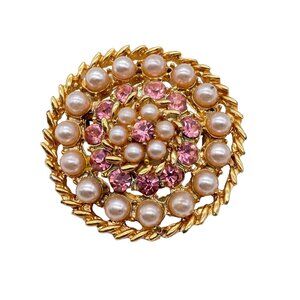 VTG Pink Crystal faux pearl Gold tone brooch pin lapel pin unsigned sparkle